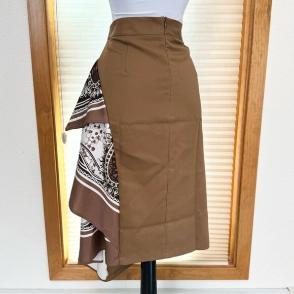 NEW Avant Garde Layered Scarf Asymmetrical Midi Skirt L Posh Preppy Brown - Picture 8 of 8